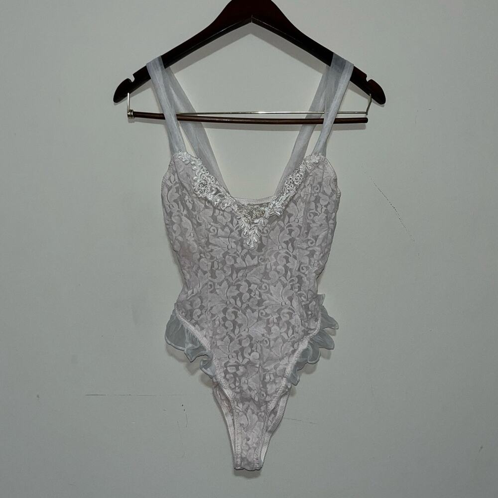 Authentic Vintage Nylon Lace Beaded Embroidered High Waisted VTG Bodysuit (A)